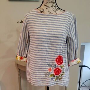 J Jill Linen Striped Blue and White Floral Women's Top